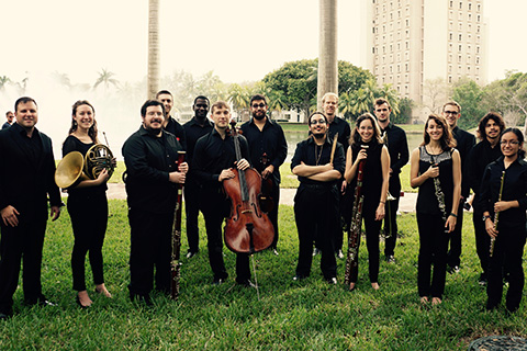 Group photo of the members of Ensemble Ibis taken at the University of Miami